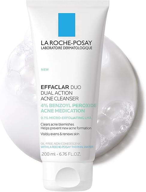 La Roche-Posay Effaclar Dual Acne Face Wash With 4% Benzoyl Peroxide & LHA Exfoliant, Acne Treatment Help Clear & Prevent Blemishes, Paraben Free & Oil Free Wash, 676 Fl Oz