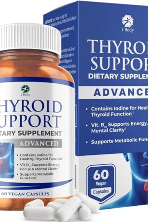 1 Body Thyroid Support Supplement with Iodine, B12, Zinc, Selenium, Ashwagandha, Non-GMO, Vegetarian, 30 Day Supply