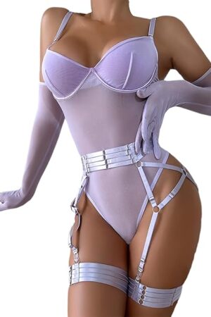 Women's See Through Mesh Teddy Bodysuit Underwire Lingerie Garter Belt Set 3 Piece with Gloves