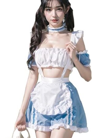 Anime Maid Uniform Cute Bule White Tartan Lingerie Sexy Cosplay Costume (Alice Blue)