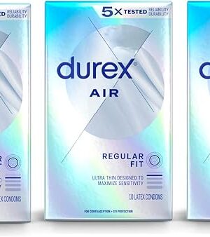 Durex Air Condoms, Extra Thin, Transparent Natural Rubber Latex Condoms for Men, Regular Fit, FSA & HSA Eligible, 10 Count (Pack of 3)