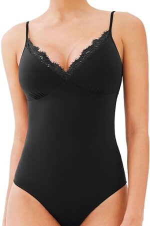 Women's Lace Trim V-Neck Bodysuit Spaghetti Straps Sexy Outfit 2025 Spring/Summer Designer Collection