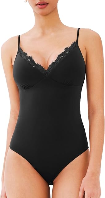 Women's Lace Trim V-Neck Bodysuit Spaghetti Straps Sexy Outfit 2025 Spring/Summer Designer Collection