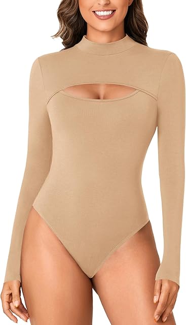 Women's Mock Neck Sexy Cutout Front Long Sleeve Slim Fit Bodysuit Leotard Top