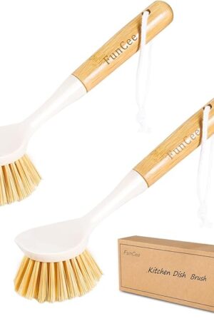2 Pack Kitchen Dish Brushes with Bamboo Handle, Dish Scrubber Built-in Scraper, Scrub Brush for Pans, Pots, Counter & Kitchen Sink Cleaning, Dishwashing and Cleaning Brush Tools, White