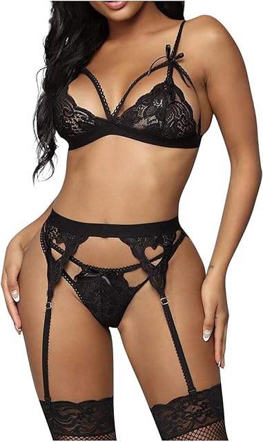 Women Lingerie Sets with Garter Belt 3 Piece Lace Teddy Babydoll Bodysuit Sexy Strappy Nightwear Outfits