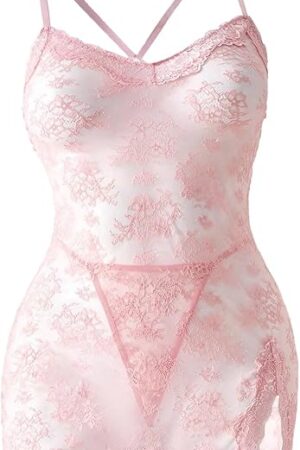 Women's Plus Size Lace Sheer Lingerie Set Slit Hem Strap Chemise Nightgown and Thongs