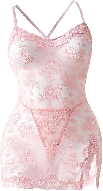 Women's Plus Size Lace Sheer Lingerie Set Slit Hem Strap Chemise Nightgown and Thongs