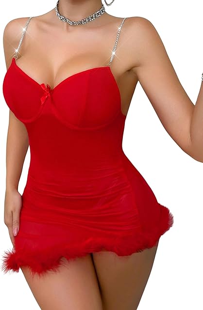 Babydoll Nightgown for Women - Crystal-Encrusted Straps & Detachable Faux-Fur Hem | Sexy Chemise with Satin Bow