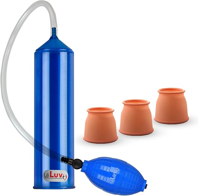 2.25"x9" EasyOp Good Bgrip Blue Ball Grip with Clear Graduated Cylinder/Clear Collapse-Resistant Hose Penis Pump with 3 Silicone Large Sleeves