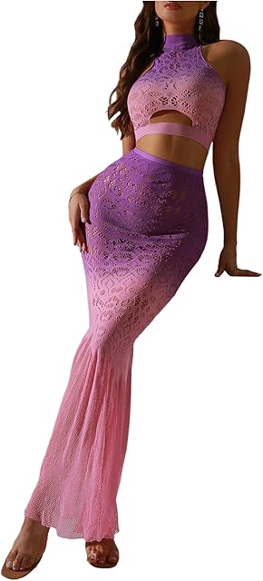 Women's 2 Piece Lingerie Set Ombre Sheer Sleeveless Tank Crop Tops Bodycon Maxi Skirt Sexy Lingerie