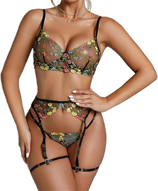 Women's 4 Piece Lingerie Set Sexy Sheer Lace Floral Embroidered Underwire Bra and Panty Set Removable Garter Lingerie