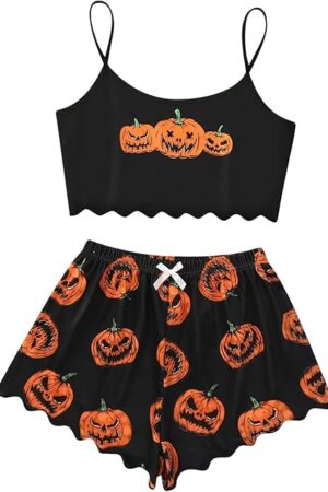 Women's Halloween Pajamas Sets Cami Shorts Sleepwear Funny Pumpkin Printed Holiday Nightwear Loungewear