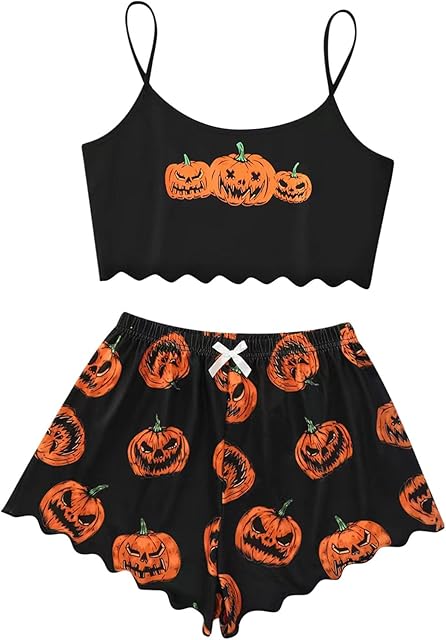 Women's Halloween Pajamas Sets Cami Shorts Sleepwear Funny Pumpkin Printed Holiday Nightwear Loungewear
