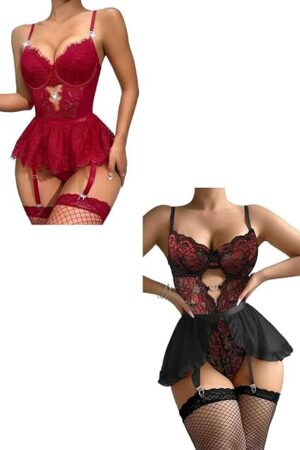Black Lingerie Set with Garter Belts Red Lingerie For Women Sexy Skirts Stockings For Women Lingerie