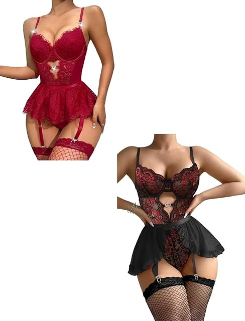 Black Lingerie Set with Garter Belts Red Lingerie For Women Sexy Skirts Stockings For Women Lingerie
