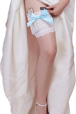 Women's Lace Garter Wallet with Pockets for Phone and Credit Card, White/Blue, Medium/Large
