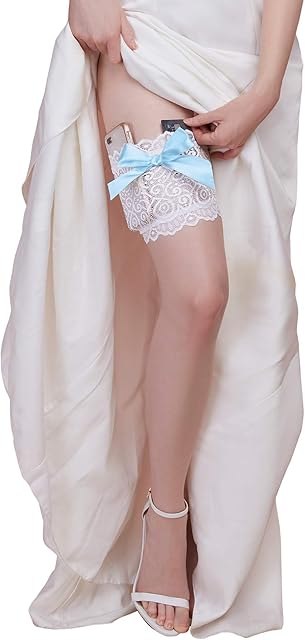 Women's Lace Garter Wallet with Pockets for Phone and Credit Card, White/Blue, Medium/Large