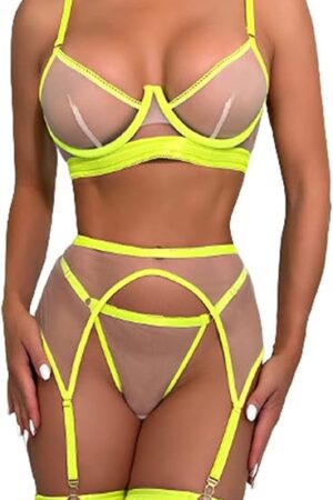 Women Sheer Garter Lingerie Sets Slutty Lingerie Bralette and Thong Matching Garter Belt Sets 3 Piece Sexy Outfits