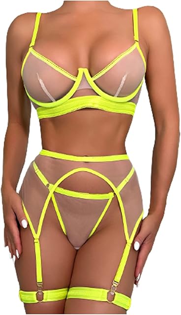 Women Sheer Garter Lingerie Sets Slutty Lingerie Bralette and Thong Matching Garter Belt Sets 3 Piece Sexy Outfits