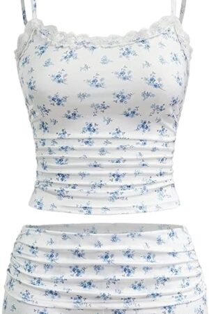 Womens Sexy Pajama Set Ruched Lace Trim Cami and Shorts Summer Cute Pjs 2 Piece