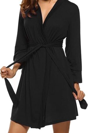 Womens Robe Lightweight Short Knit Bathrobe Soft Ladies Sleepwear with Pockets