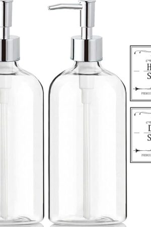 Clear Soap Dispenser with Rust Proof Pump, Waterproof Labels (2 Pack,16 Oz), Plastic Hand Soap Dish Soap Dispenser for Kitchen Bathroom