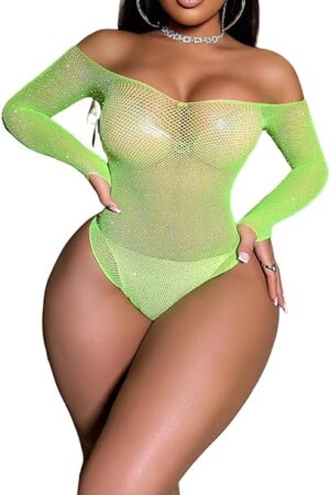 Women Sexy Lingerie Crystal Rhinestone Jumpsuits Hollow-Out Bodysuit Long Sleeve