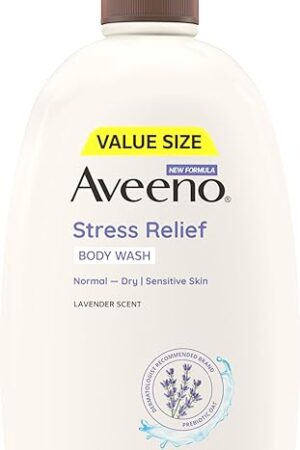 Aveeno Stress Relief Body Wash with Nourishing Oat & Lavender Scent for Sensitive Skin, Gently Cleanses & Helps You Feel Calm & Relaxed in the Shower, Soap-Free, 33 fl oz