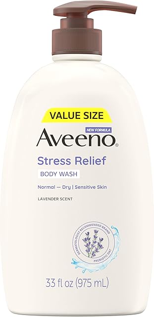 Aveeno Stress Relief Body Wash with Nourishing Oat & Lavender Scent for Sensitive Skin, Gently Cleanses & Helps You Feel Calm & Relaxed in the Shower, Soap-Free, 33 fl oz