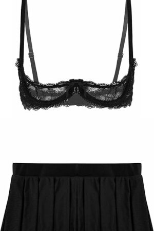 Women Sexy Lingerie Set Sheer Lace 1/4 Cups Push Up Underwire Bra Tops with Pleated Mini Skirt