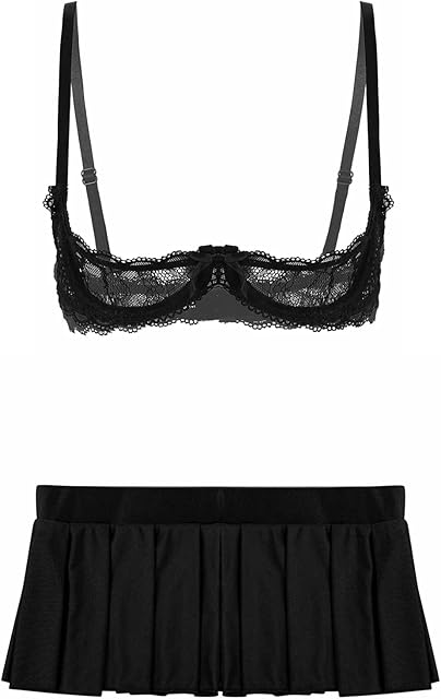 Women Sexy Lingerie Set Sheer Lace 1/4 Cups Push Up Underwire Bra Tops with Pleated Mini Skirt