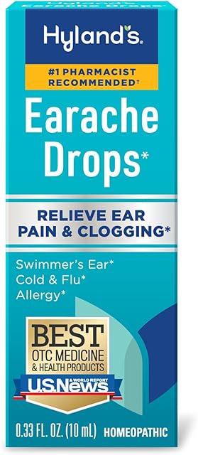 Hyland's Earache Drops, Natural Relief of Swimmer's Ear, Cold and Flu, Allergy Symptoms, Ages 4 and up, Day and Night, 033 Fl Oz