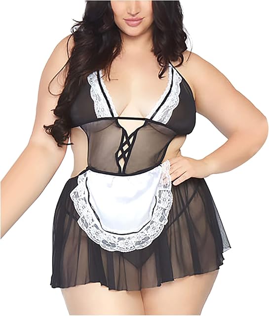 Women Sexy Plus Size French Maid Lingerie Sexy Roleplay Nightdress Thong Set Clubwear Servant Cosplay Costumes Outfit