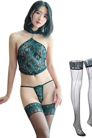 Erotic underwear Women's Peacock element Transparent pajamas Lace cheongsam uniform Sexy cosplay