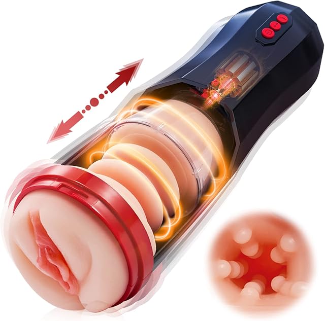 3 in 1 Thrusting Male Masturbators Cup with Realistic Pocket Pussy Sleeve, 5 Telescopic & 10 Vibrations Mode & 360° Full Wrapping Blowjob Stroker Masturbator, Tivino Male Sex Toys for Men Masturbation