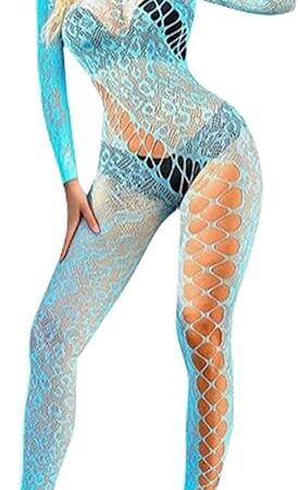 Women's One Piece Fishnet Lingerie Bodysuit Mesh Bodystocking Sexy Tights Nightwear Jumpsuit Lingerie One Size Blue