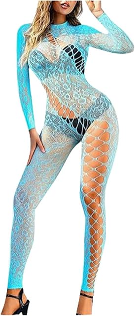 Women's One Piece Fishnet Lingerie Bodysuit Mesh Bodystocking Sexy Tights Nightwear Jumpsuit Lingerie One Size Blue