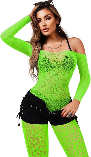 Women Off Shoulder Leopard Fishnet Bodysuit, Body Stockings Full Lace Jumpsuit, Sexy Lingerie Outfits Rave Party Club