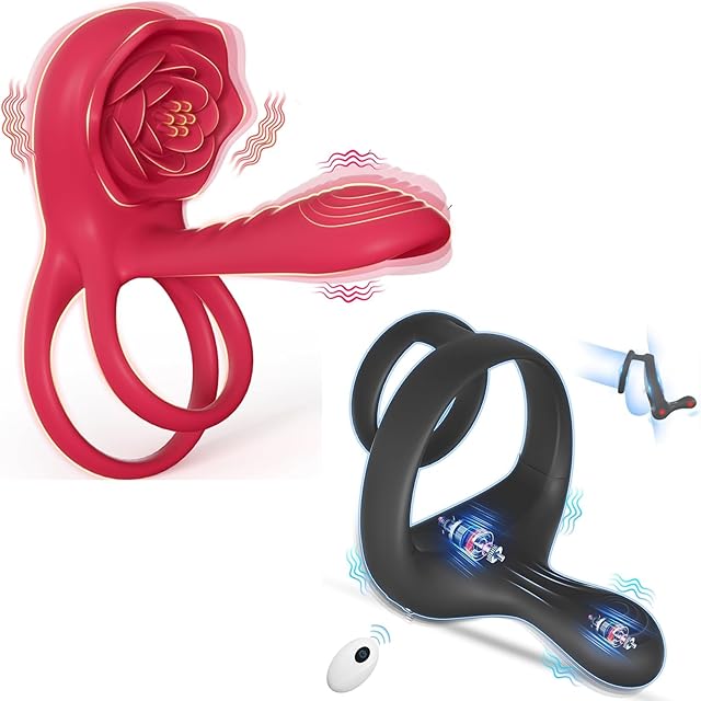 Vibrating Cock Ring Penis Sleeve with Rose Clitoral Stimulator+Vibrating Cock Ring Taint Stimulator