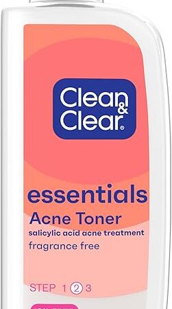 Clean & Clear Essentials Oil-Free Acne Toner, 2% Salicylic Acid Acne Treatment, Gentle Facial Toner for Pimples Cleanses Pores to Clear & Remove Blackheads, Fragrance Free, 8 fl oz