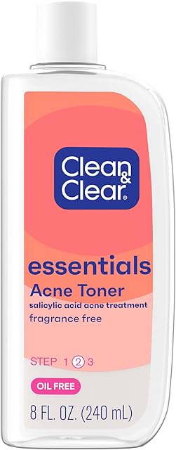 Clean & Clear Essentials Oil-Free Acne Toner, 2% Salicylic Acid Acne Treatment, Gentle Facial Toner for Pimples Cleanses Pores to Clear & Remove Blackheads, Fragrance Free, 8 fl oz