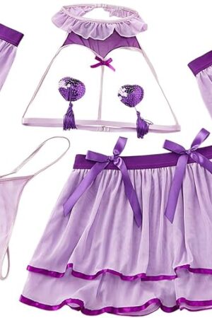 Women's 7 Pieces Bow Cut Out Lingerie Set Ruffle Halter Costume Skirt Set