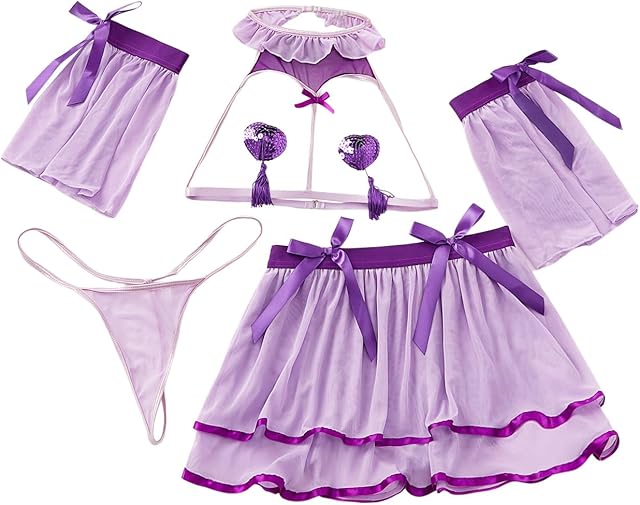 Women's 7 Pieces Bow Cut Out Lingerie Set Ruffle Halter Costume Skirt Set