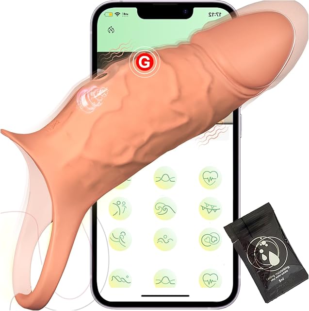 Vibrating Penis Sleeve Cock Ring, All Liquid Silicone Soft Couples Adult Sex Toys for Men Women, APP Penis Extender Vibrator Girth Sleeve for Penis Testicles G Spot, LNIIY Male Couple Sex Toy