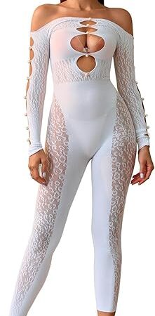 Women's Sexy Tight Hollow Out Long Sleeve Fishnet Bodystocking Rave Outfits Stretchy Suit One Size