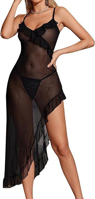Women Lingerie Deep V Neck Nightgown One Piece Ruffled Sheer Nightwear Mesh Babydoll Lingerie Dress with Thong