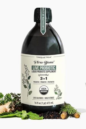 Flora Biome - Live Probiotic, Prebiotic, & Postbiotic ? Organic Live-Culture ? 10 Probiotic Strains, 18 Fermented Herbs - Complete Gut Health & Microbiome Optimizer (16 oz)