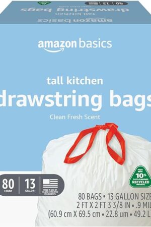 Amazon Basics 13 Gallon Tall Kitchen Drawstring Trash Bags, Clean Fresh Scent, 10% Post Consumer Recycled, 80 count