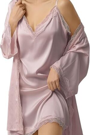 Women's 2-Piece Sleepwear Set  Sexy Lace Trimmed V-Neck Camisole Dress and Lace Robe